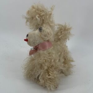 Vintage Curly Mohair Poodle Plush Stuffed Animal Cream Pink Ribbon 8 Inch